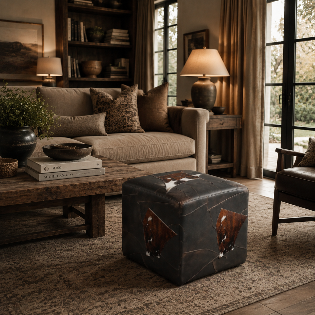Abubi Marlow Black & White Hair-On-Hide Ottoman