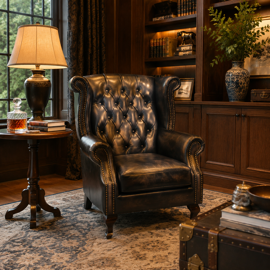 Abubi Regency Tufted Leather Wingback Chair