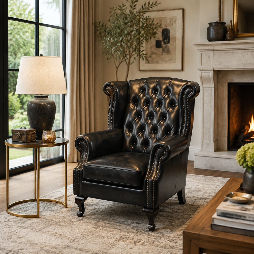 Abubi Regency Tufted Leather Wingback Chair