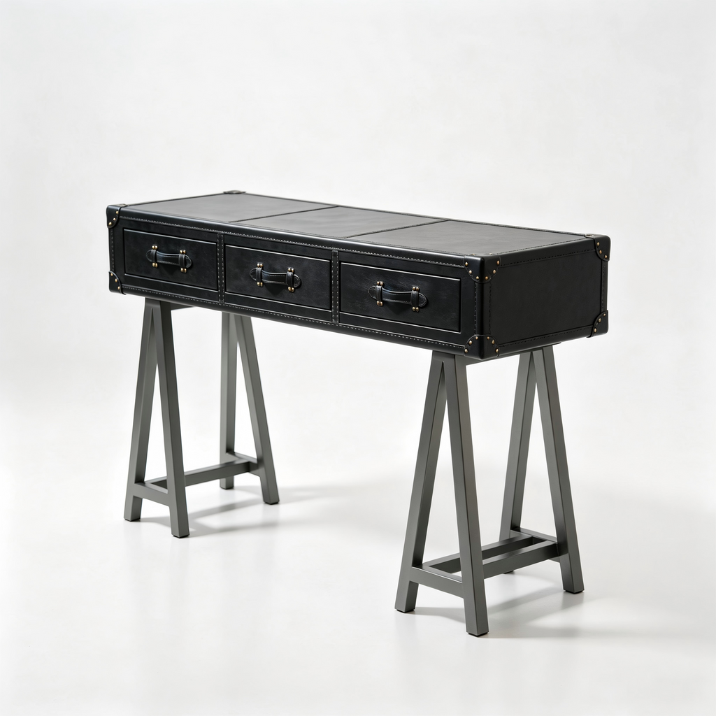 Abubi Vintage Trunk‑Style Leather Console Table with Three Storage Drawer