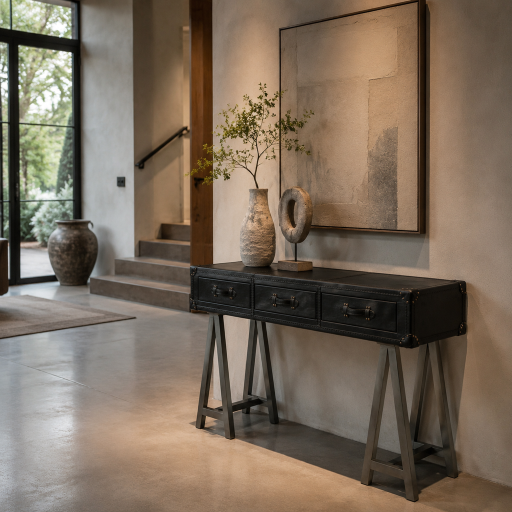 Abubi Vintage Trunk‑Style Leather Console Table with Three Storage Drawer