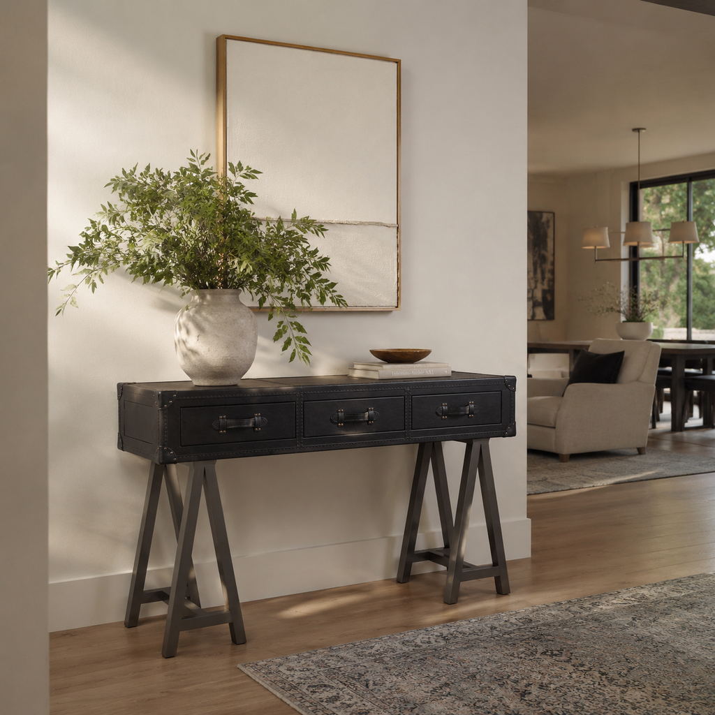 Abubi Vintage Trunk‑Style Leather Console Table with Three Storage Drawer