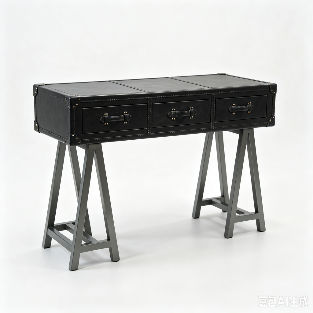 Abubi Vintage Trunk‑Style Leather Console Table with Three Storage Drawer