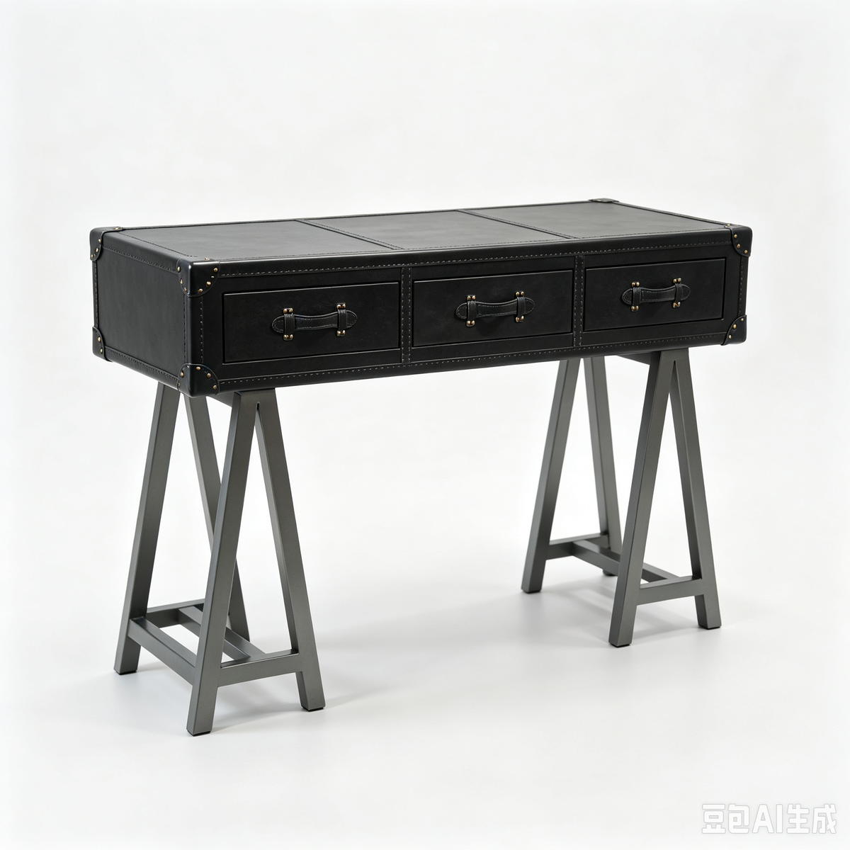 Abubi Vintage Trunk‑Style Leather Console Table with Three Storage Drawer