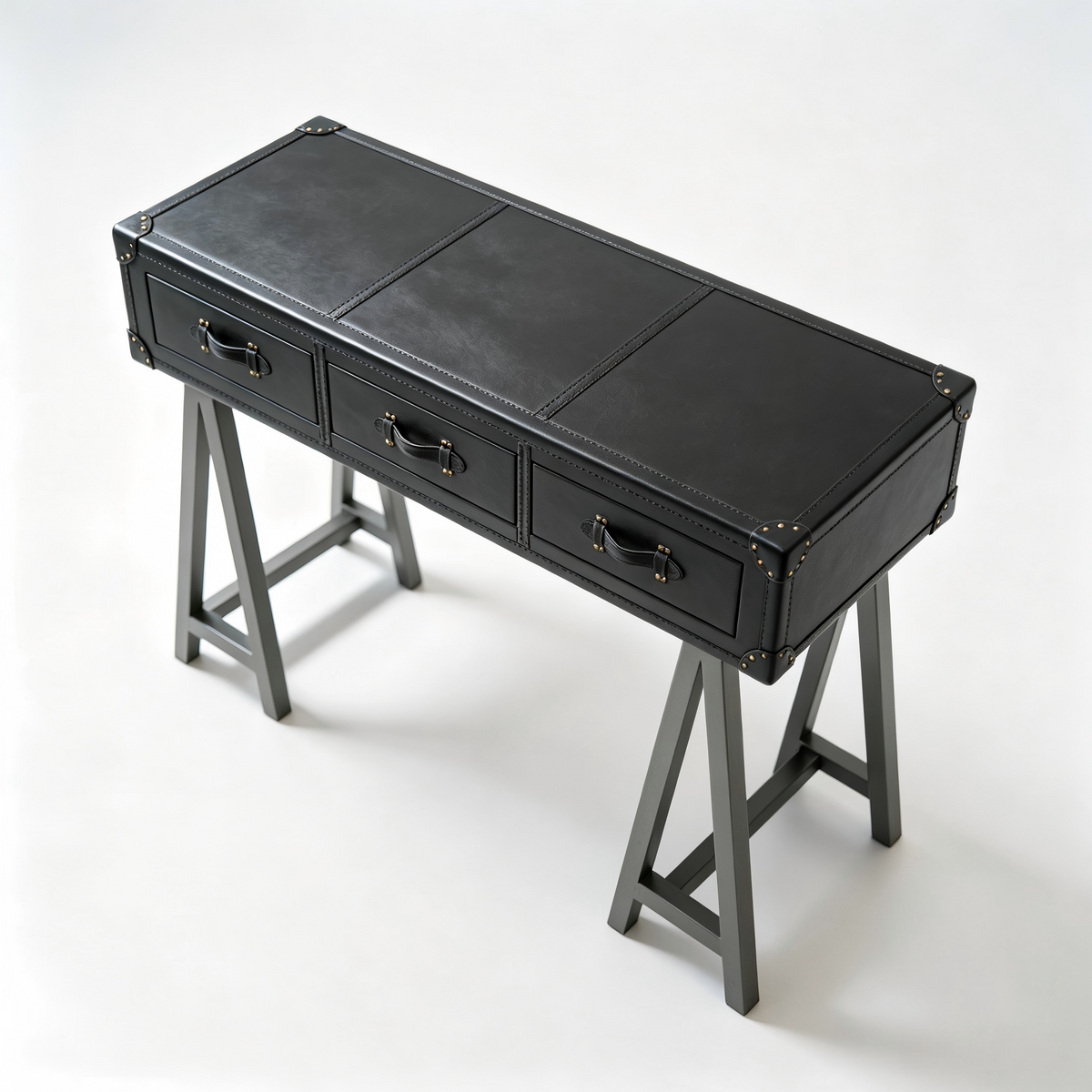 Abubi Vintage Trunk‑Style Leather Console Table with Three Storage Drawer