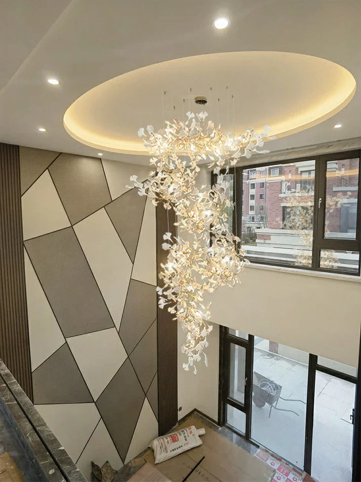 Artistic Tree Branch Pendant Light with Ceramic Ginkgo Leaves