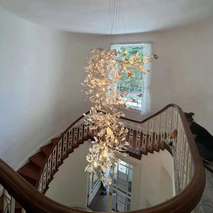 Artistic Tree Branch Pendant Light with Ceramic Ginkgo Leaves