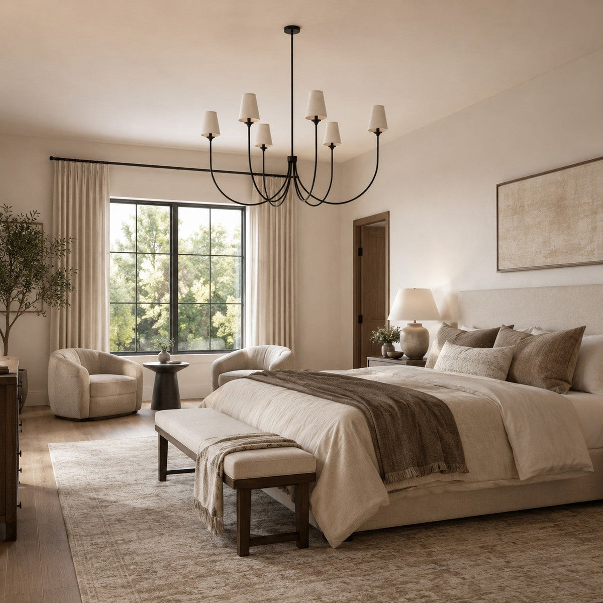 Hume 6-Light Curved Arm Chandelier with Linen Shades