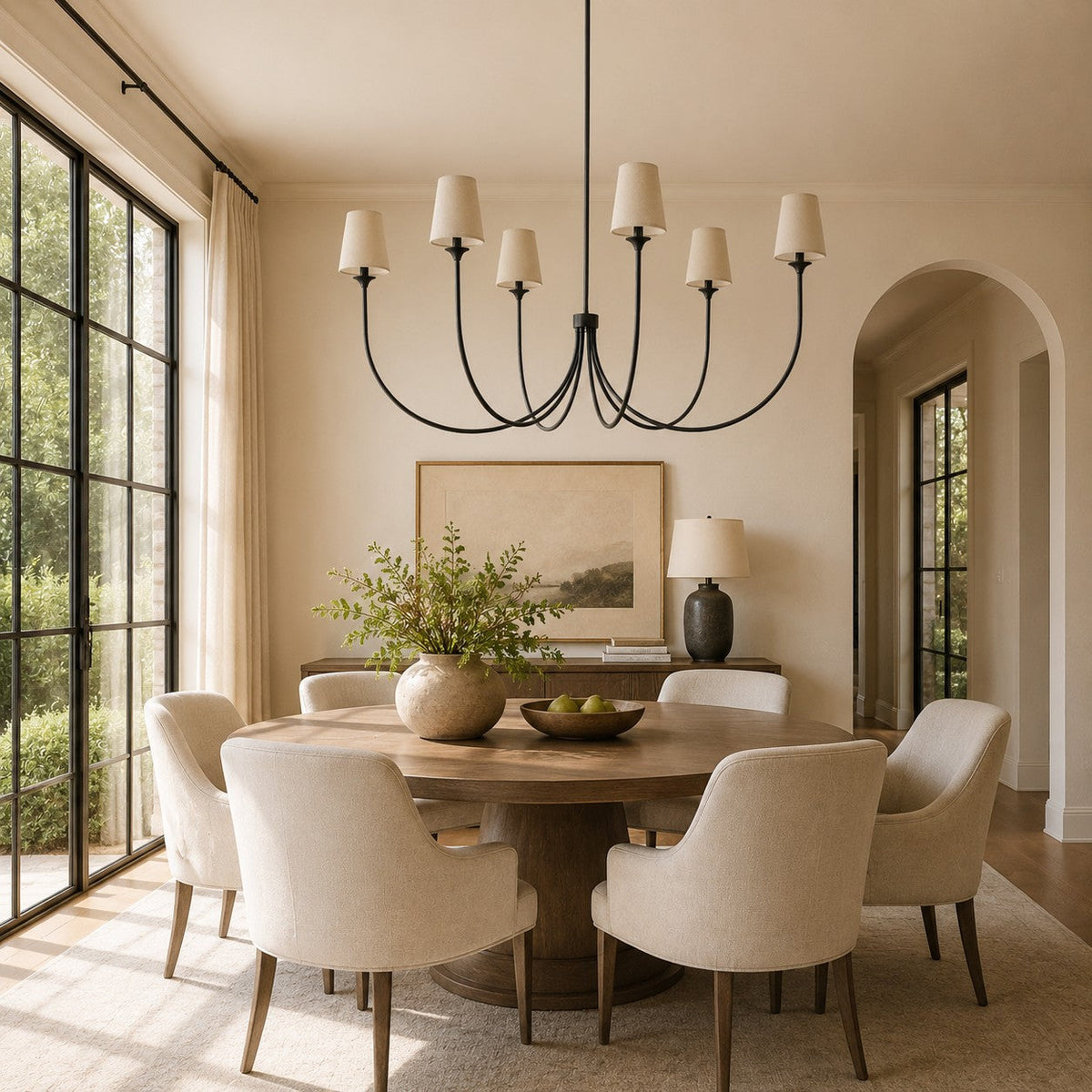 Hume 6-Light Curved Arm Chandelier with Linen Shades