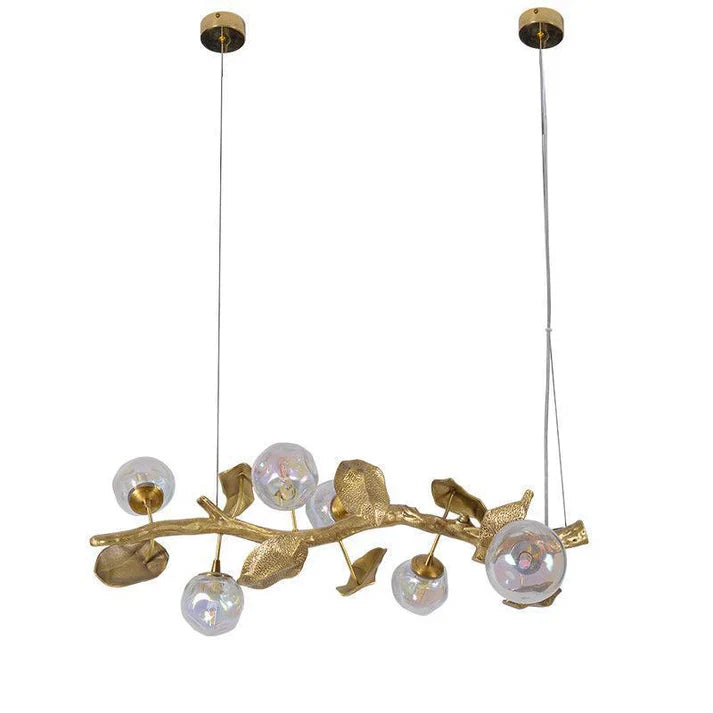 Long Organic Glass Bubble Brass Leaves Branch Chandelier