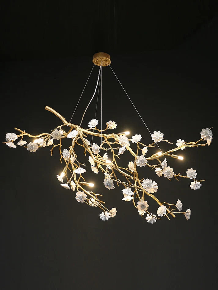 Post-Modern Art Brass and Ceramics Flower Pendant Branch Chandelier