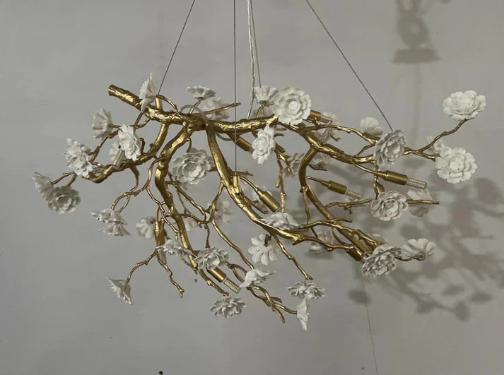 Post-Modern Art Brass and Ceramics Flower Pendant Branch Chandelier