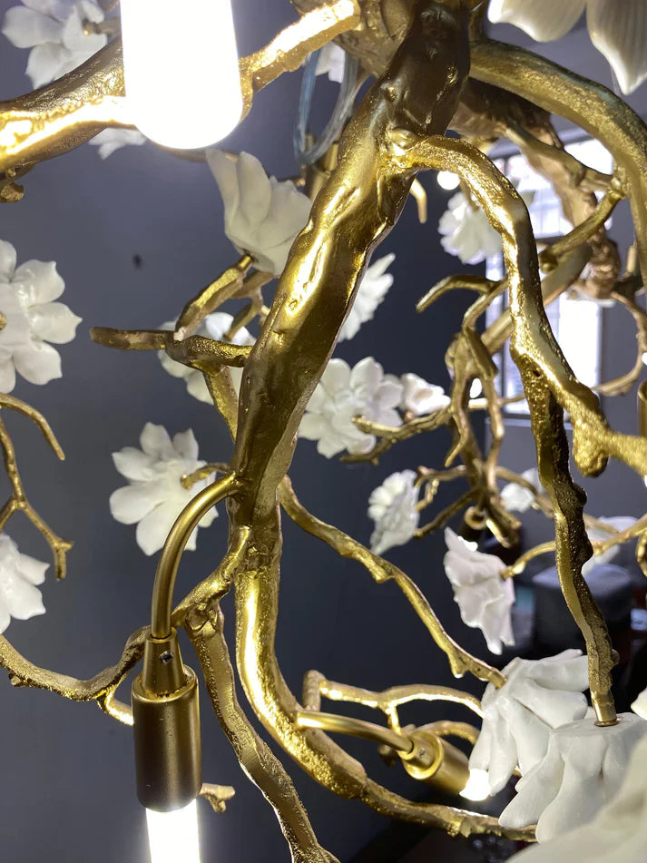 Post-Modern Art Brass and Ceramics Flower Pendant Branch Chandelier