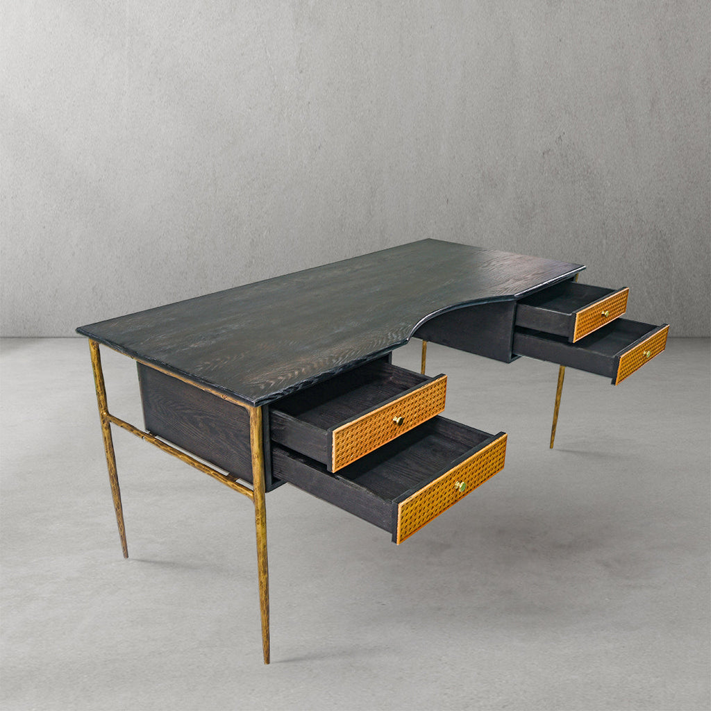 Thomson Retro Brass Iron Frame Rattan Desk